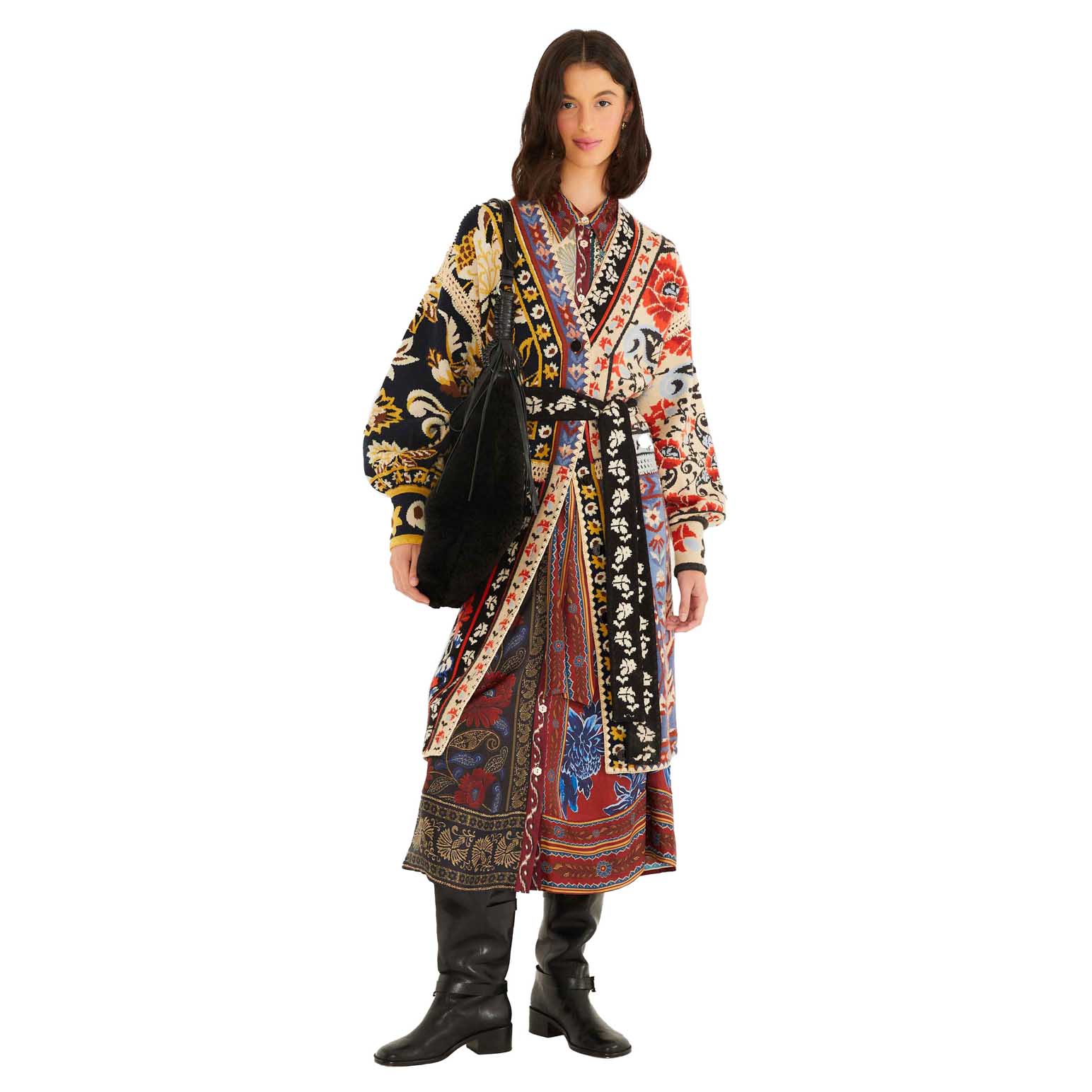 FARM Rio Flower Print Patchwork Knit Midi Cardigan